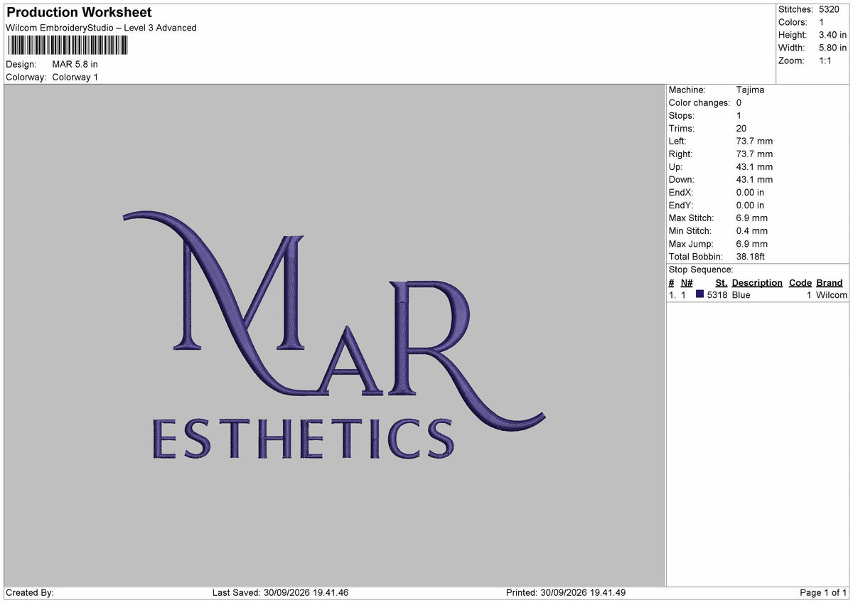 Mar Text Embroidery Machine Design File 6 sizes