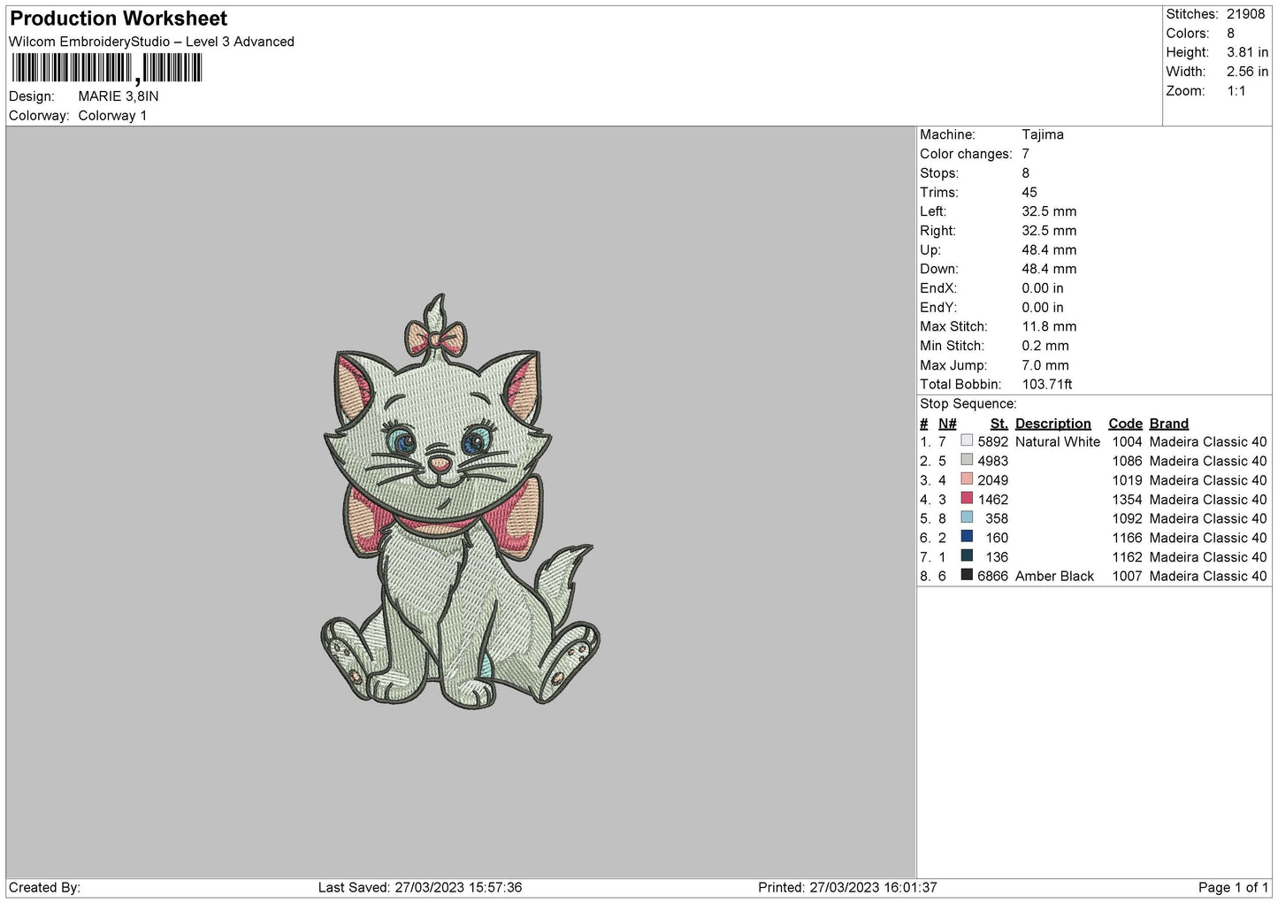 Marie Embroidery File 6 sizes