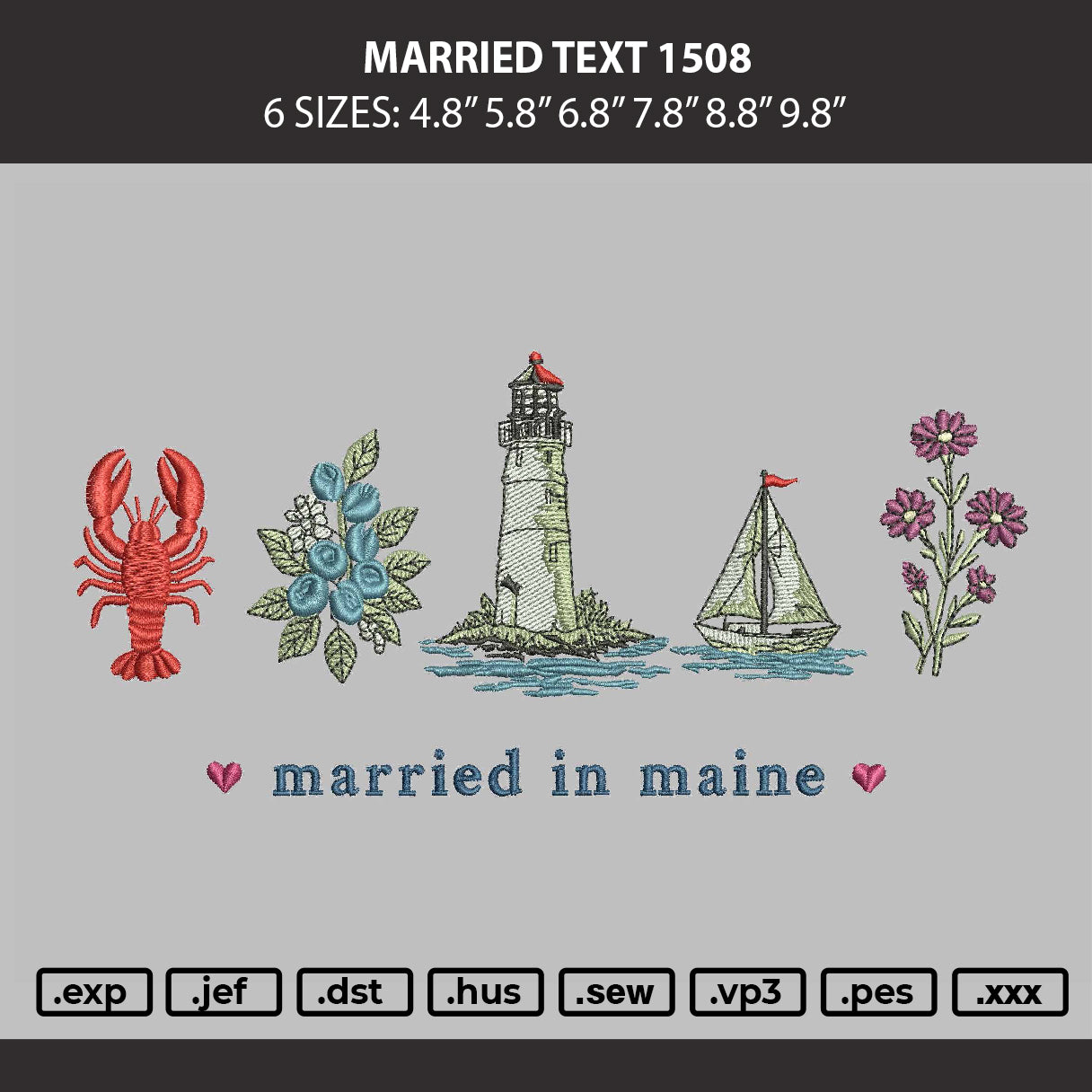 Married Text 1508 Embroidery Machine Design File 6 sizes