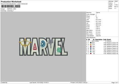 Marvel Text Embroidery File 4 size