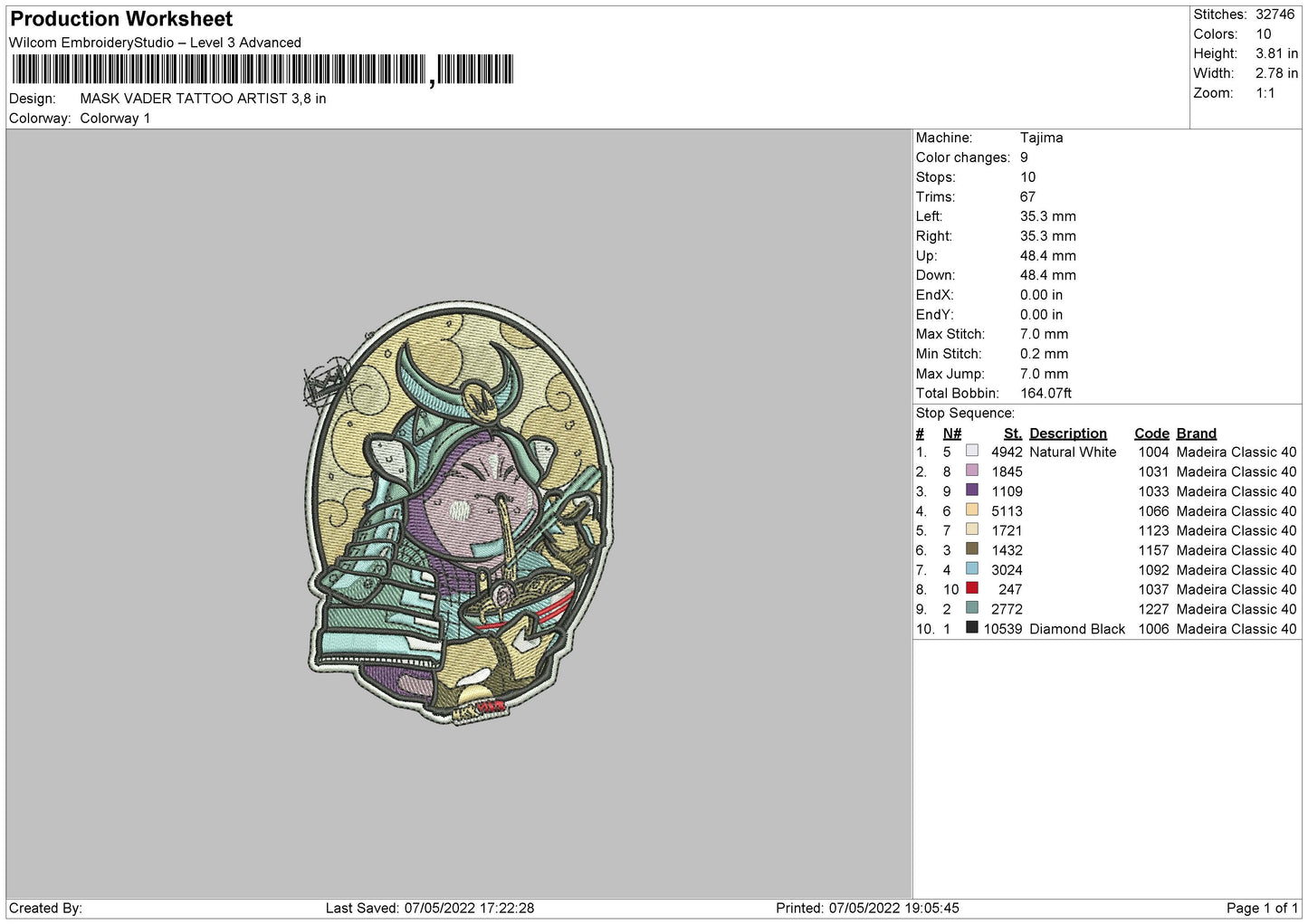 Mask Vader Tattoo Artist Embroidery File 4 size