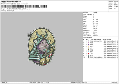 Mask Vader Tattoo Artist Embroidery File 4 size