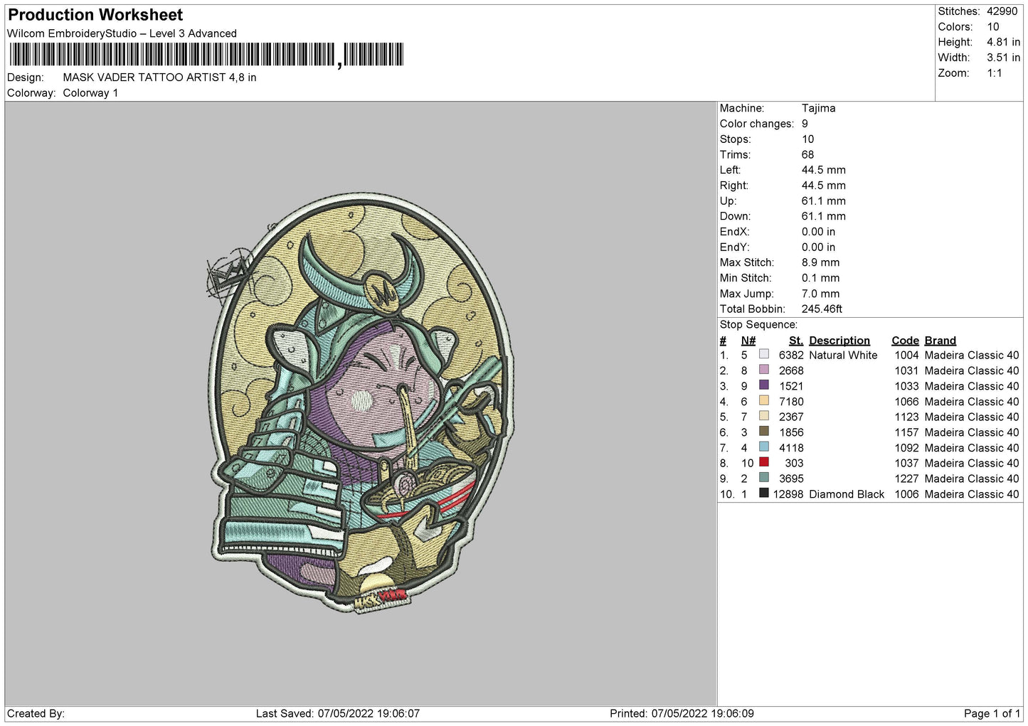Mask Vader Tattoo Artist Embroidery File 4 size