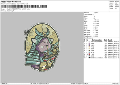 Mask Vader Tattoo Artist Embroidery File 4 size