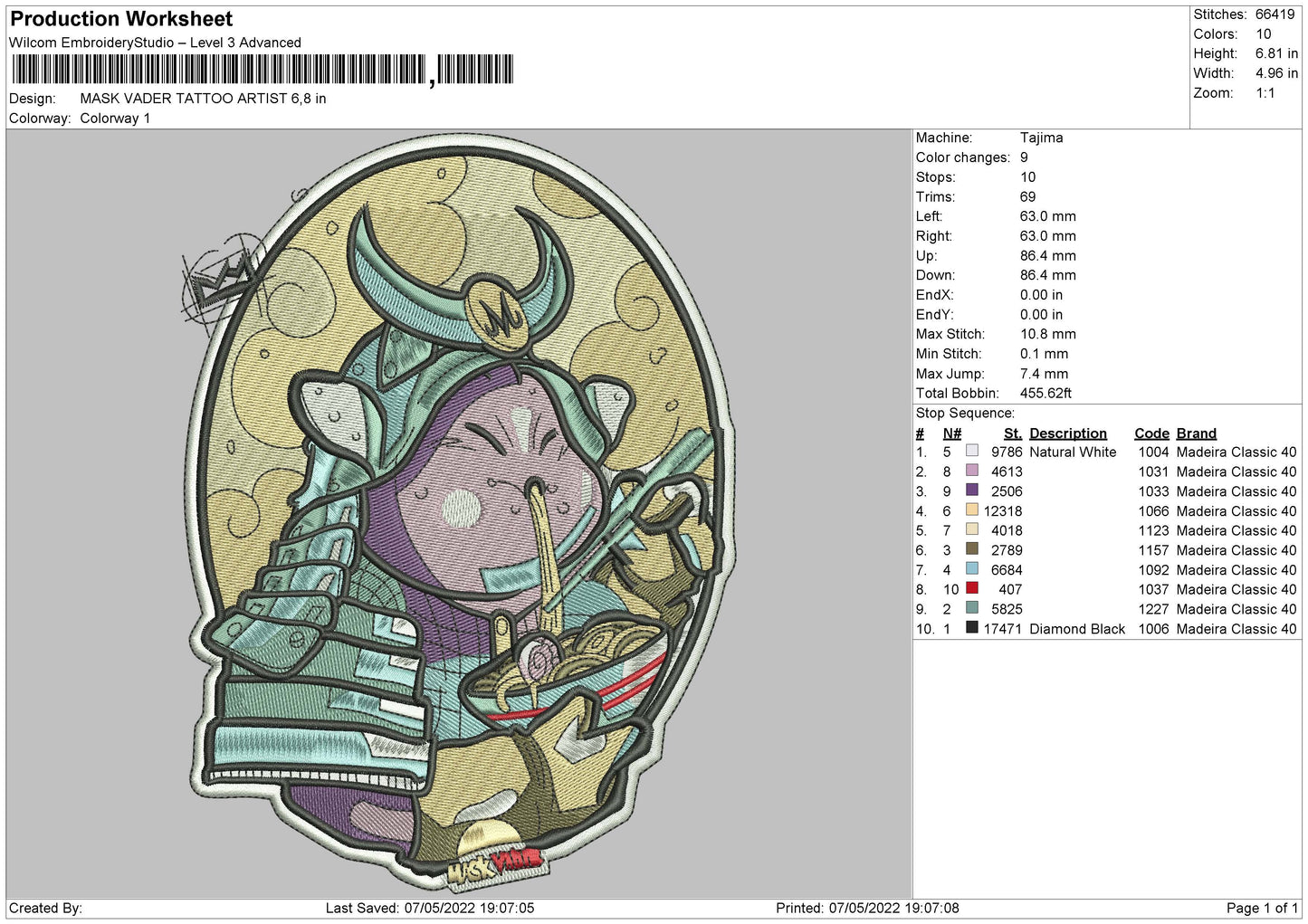 Mask Vader Tattoo Artist Embroidery File 4 size