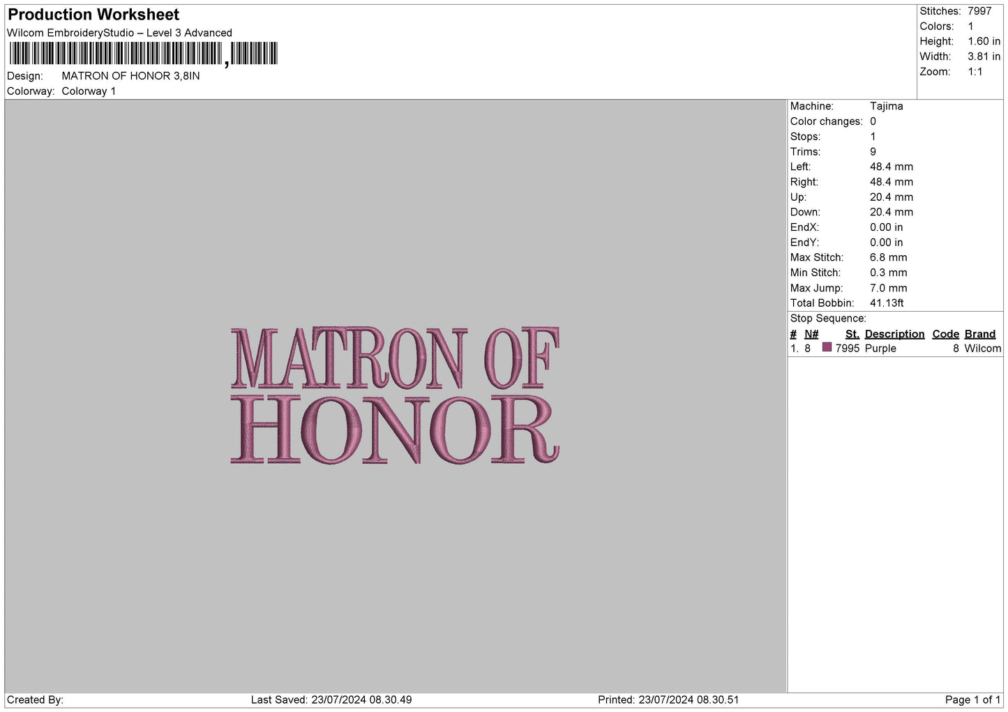 Matron Text Embroidery File 6 sizes