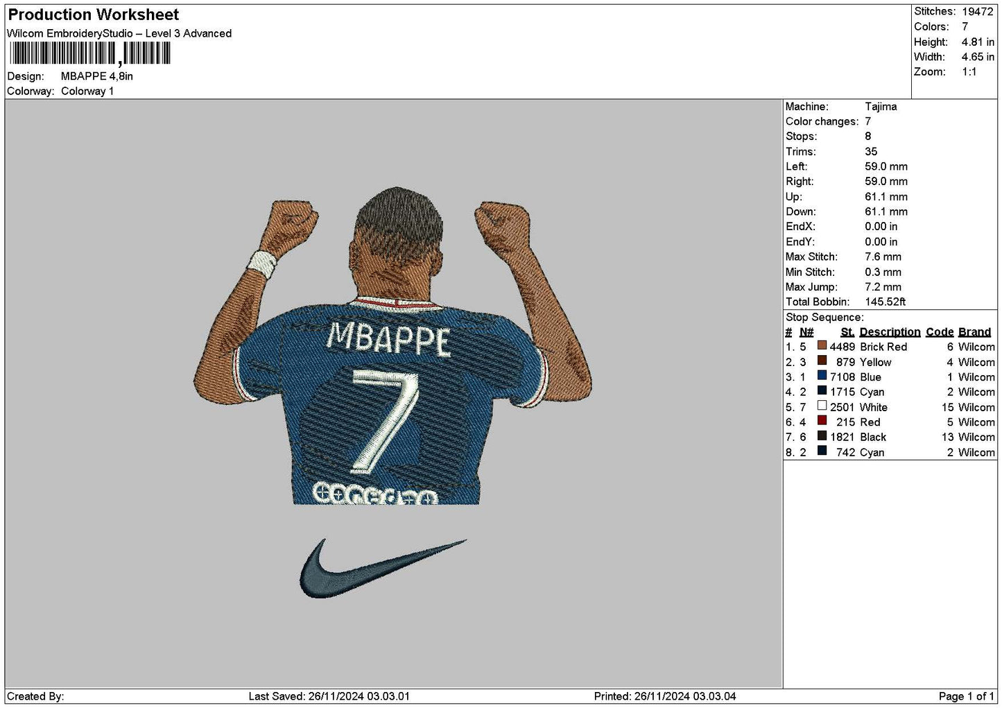 Player7 Embroidery File 6 sizes