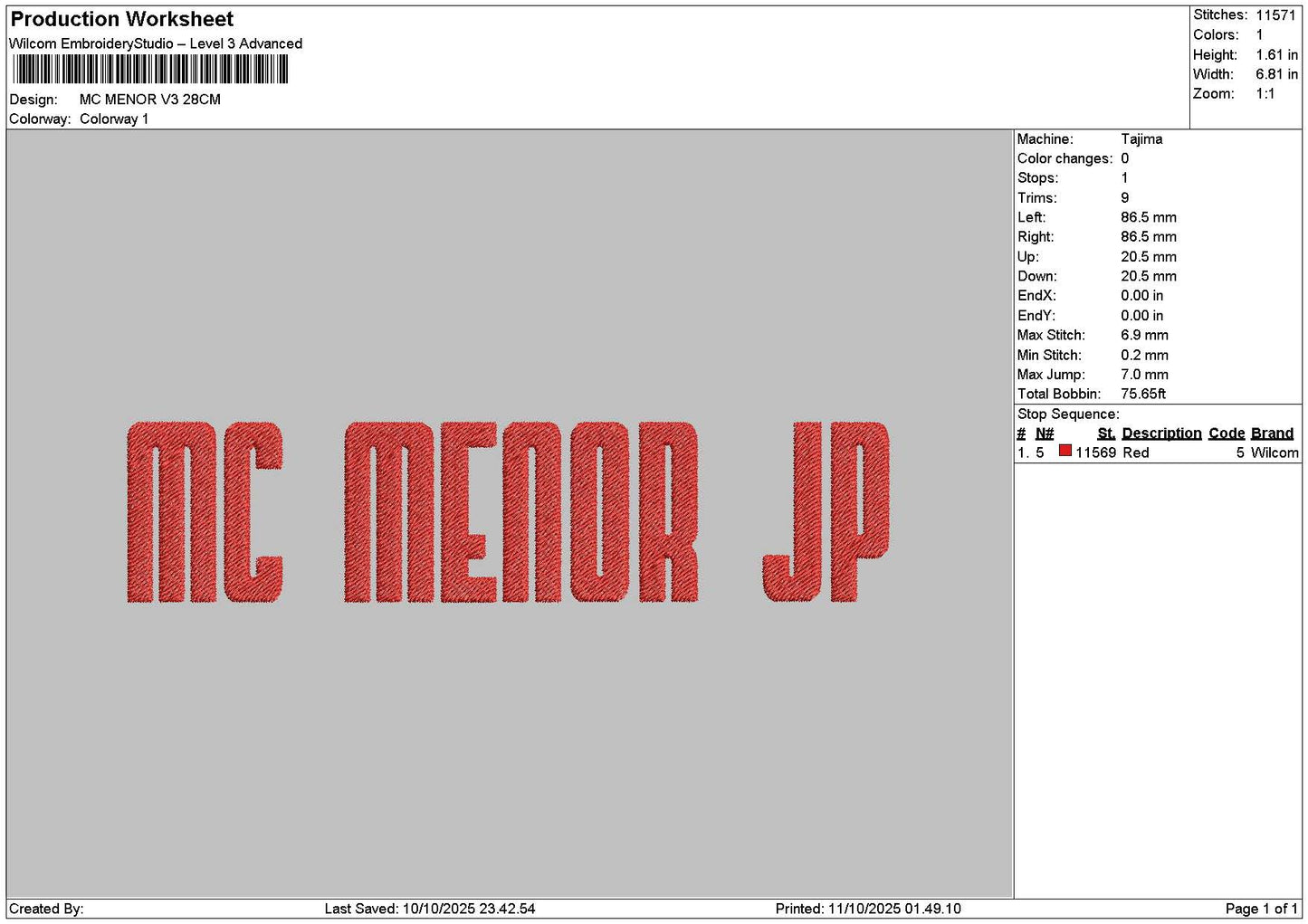 Menortext 3 Version Embroidery File