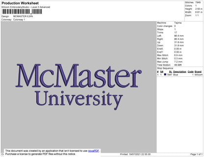 McMaster University Embroidery File 4 size