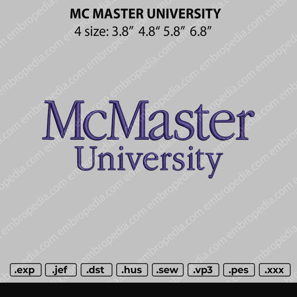 McMaster University Embroidery File 4 size