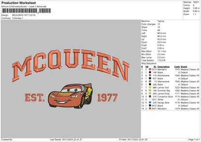 Mcqueen 77 Embroidery File 6 sizes