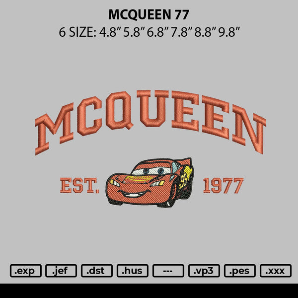 Mcqueen 77 Embroidery File 6 sizes