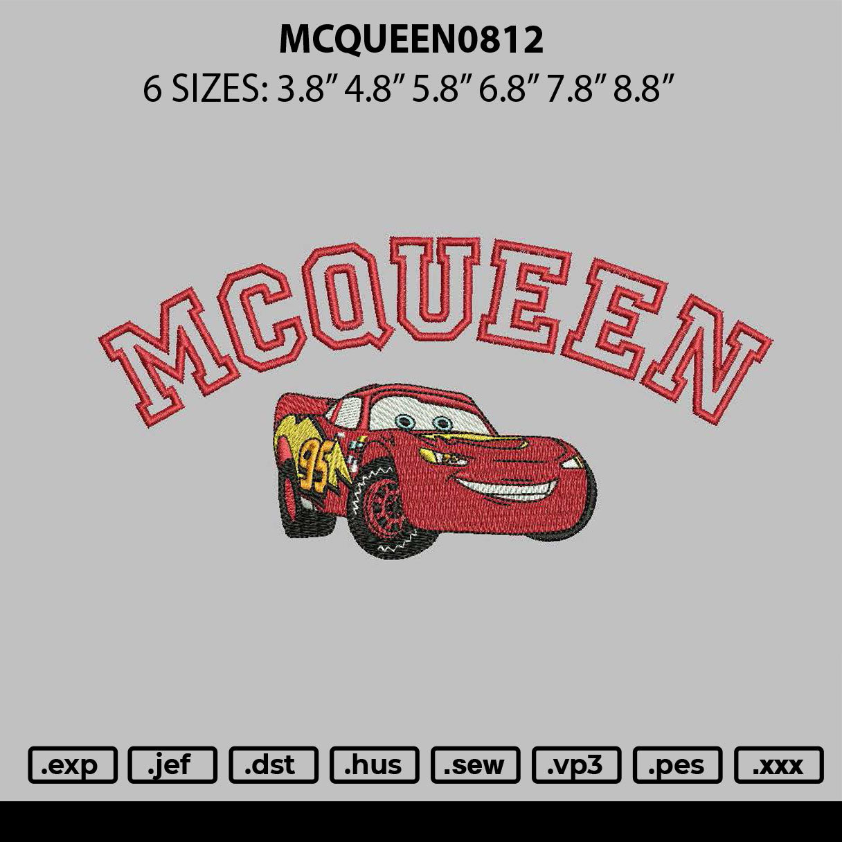 Mcqueen0812 Embroidery File 6 sizes
