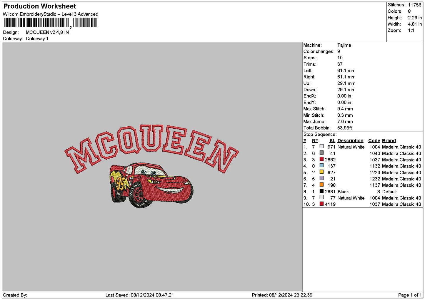 Mcqueen0812 Embroidery File 6 sizes