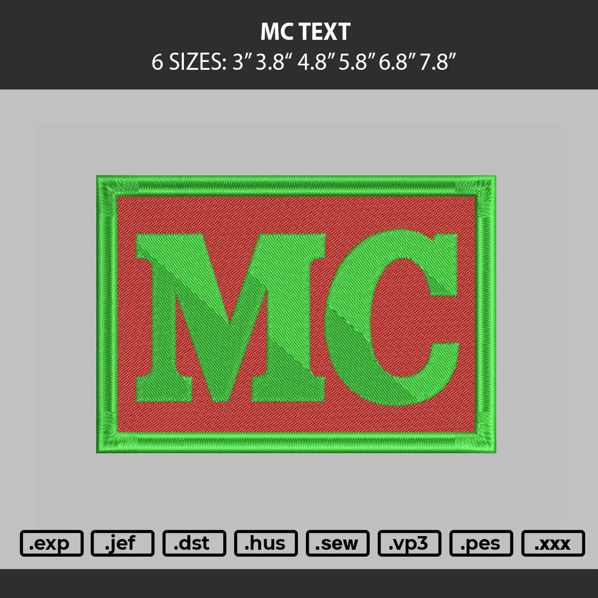 Mc Text Embroidery File 6 sizes