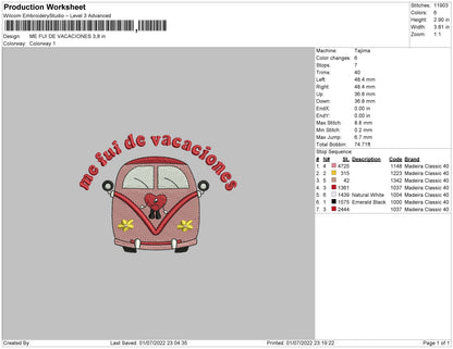 Me Fui De Vacaciones Embroidery File 4 sizes