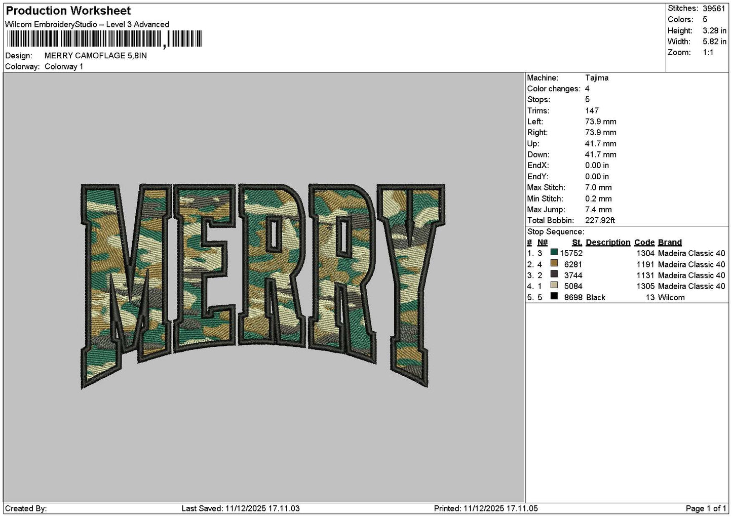 Merrytext Camo Embroidery File 6 sizes
