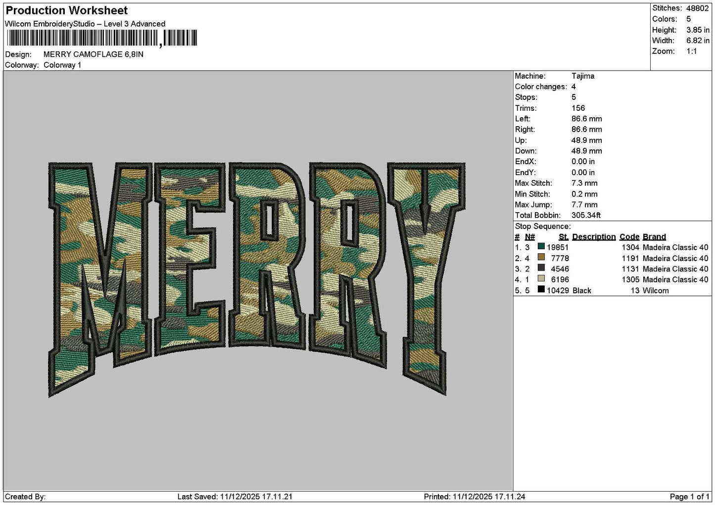 Merrytext Camo Embroidery File 6 sizes