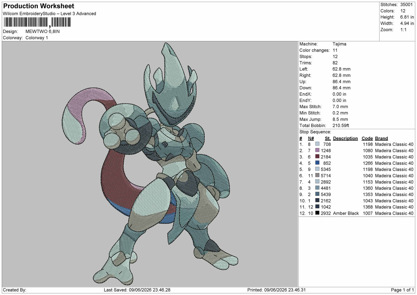 Mewtwo0906 Embroidery Machine Design File 6 sizes