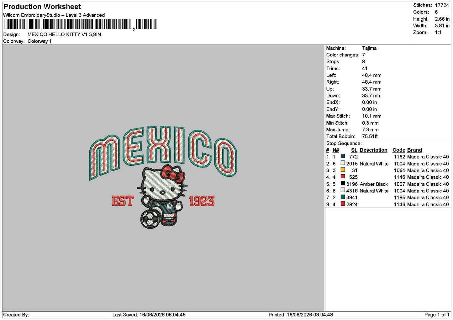 Mexico Hello Kitty v1  Embroidery Machine Desgin File