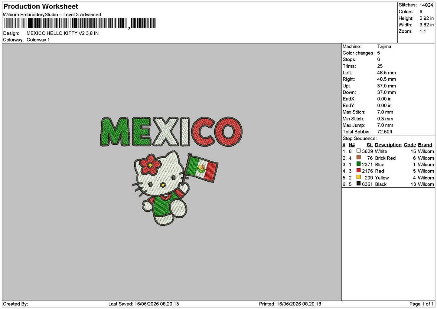 Mexico Hello Kitty v2  Embroidery Machine Desgin File
