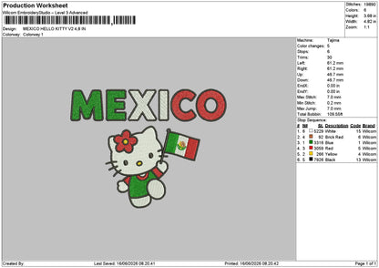 Mexico Hello Kitty v2  Embroidery Machine Desgin File