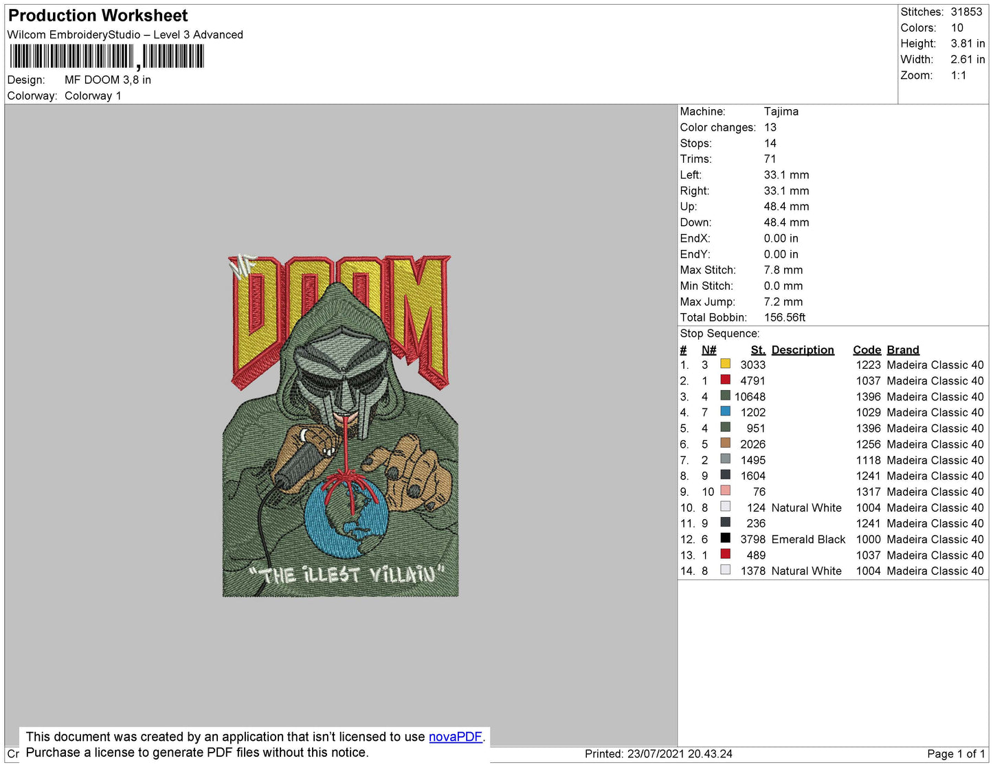 MF DOOM Embroidery File 4 size