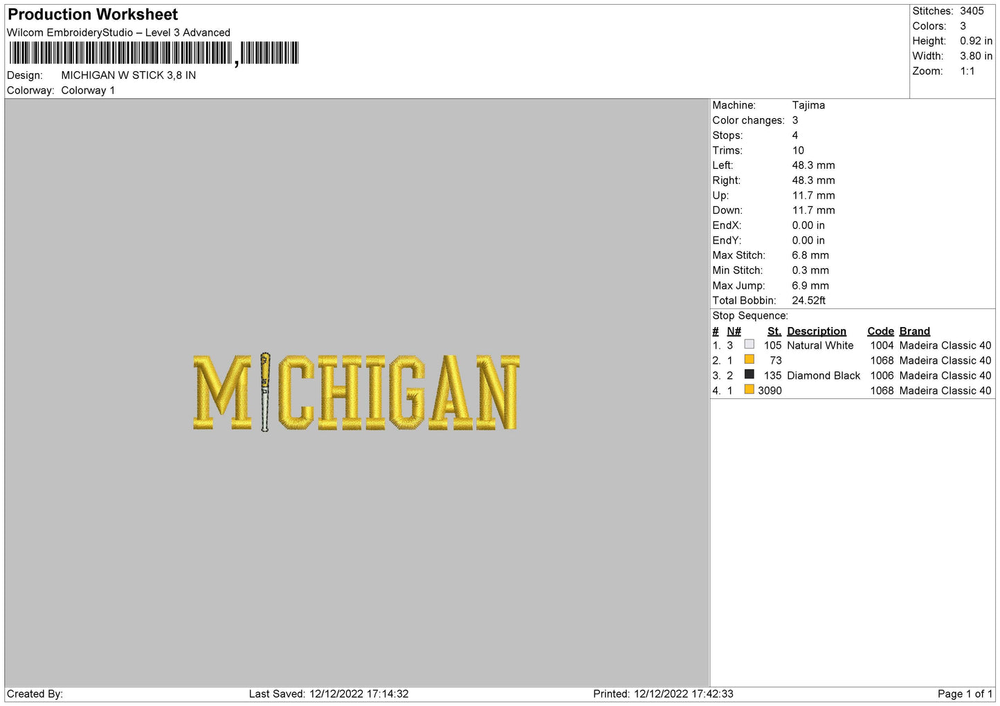 Michigan W Stick Embroidery File 6 sizes