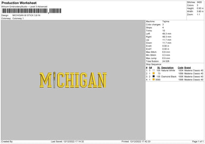 Michigan W Stick Embroidery File 6 sizes
