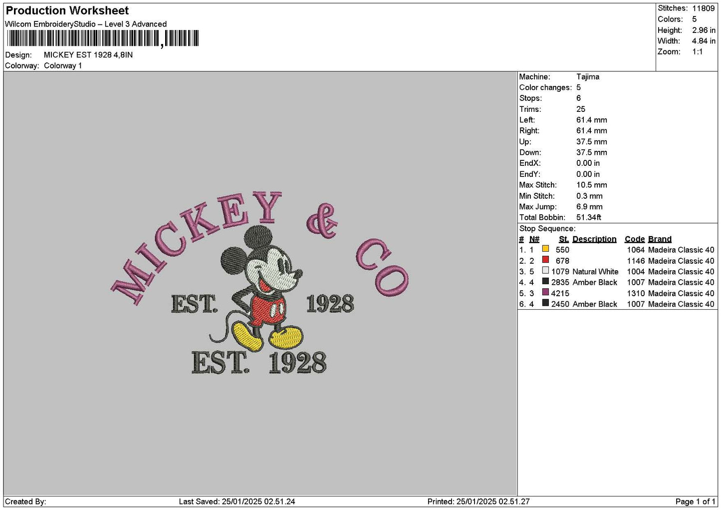 Mickey2501 Embroidery File 6 sizes
