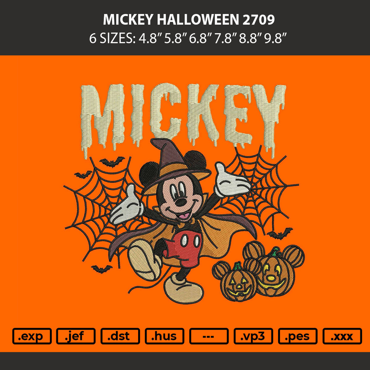 Mickey Halloween 2709 Embroidery Machine Design File 6 sizes