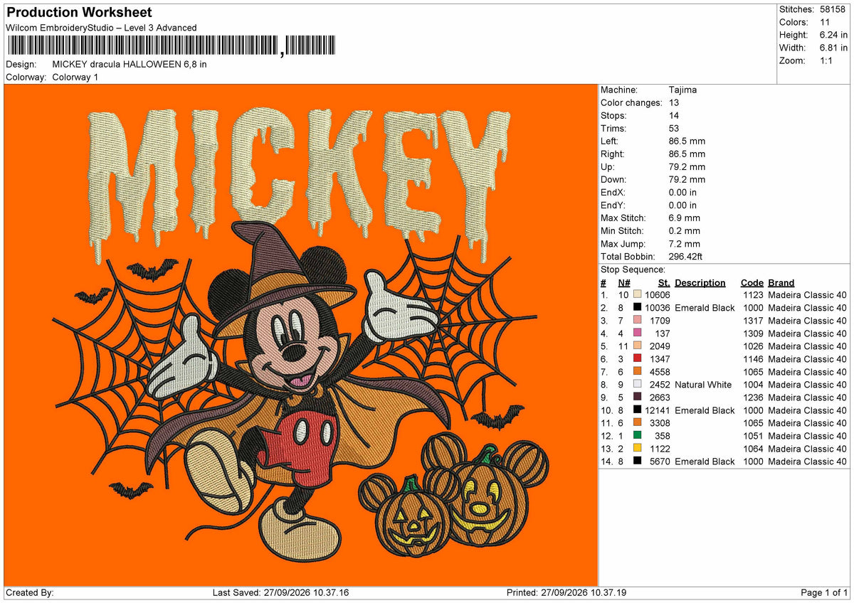 Mickey Halloween 2709 Embroidery Machine Design File 6 sizes