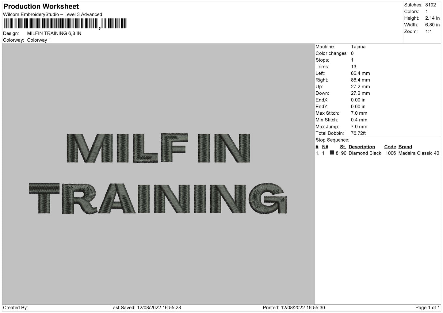 Milfin Training mbroidery File 6 sizes