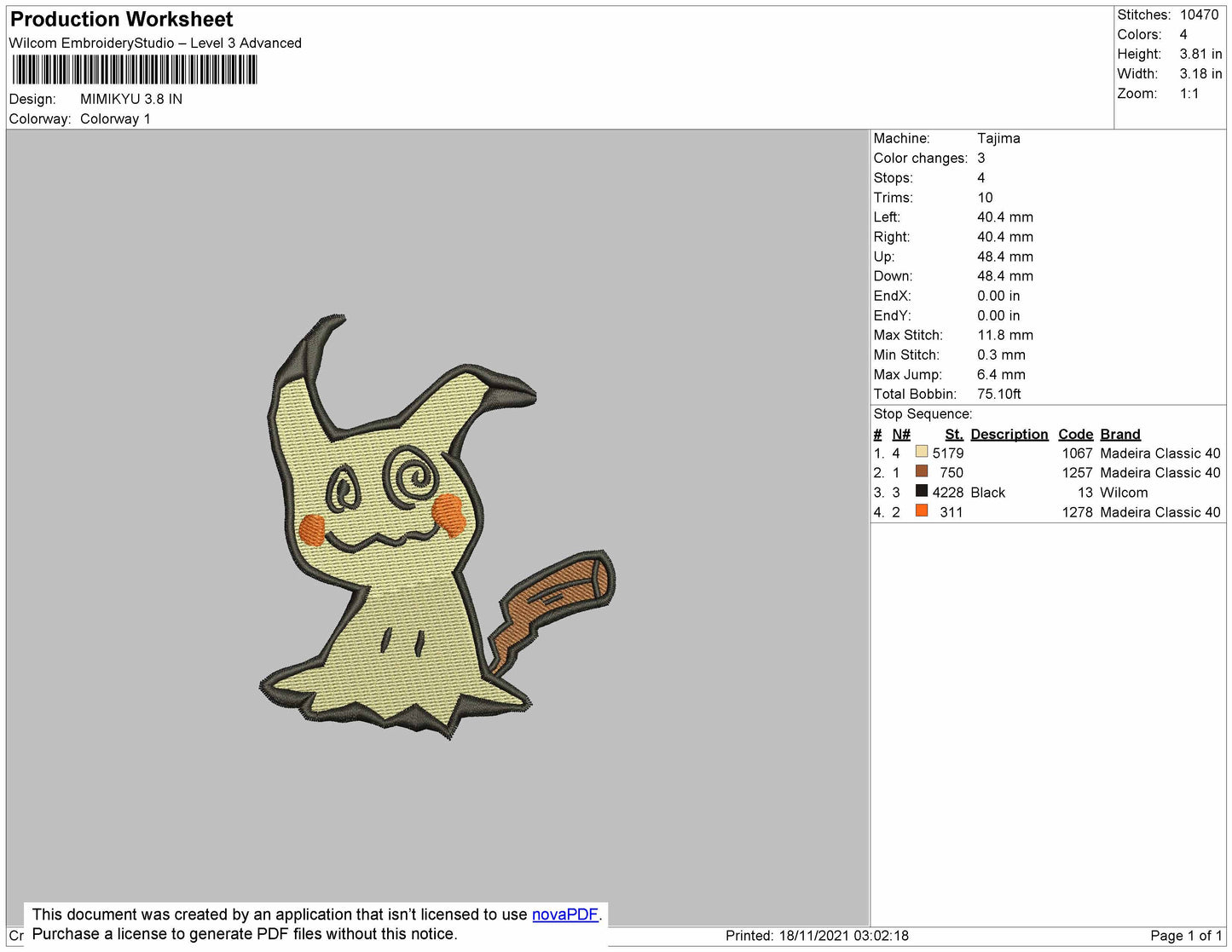 Mimikyu Embroidery File 7 size