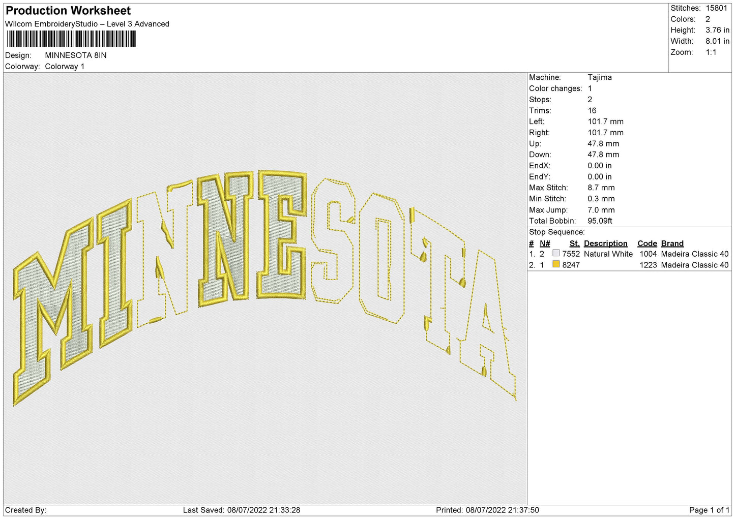 MINNESOTA Embroidery