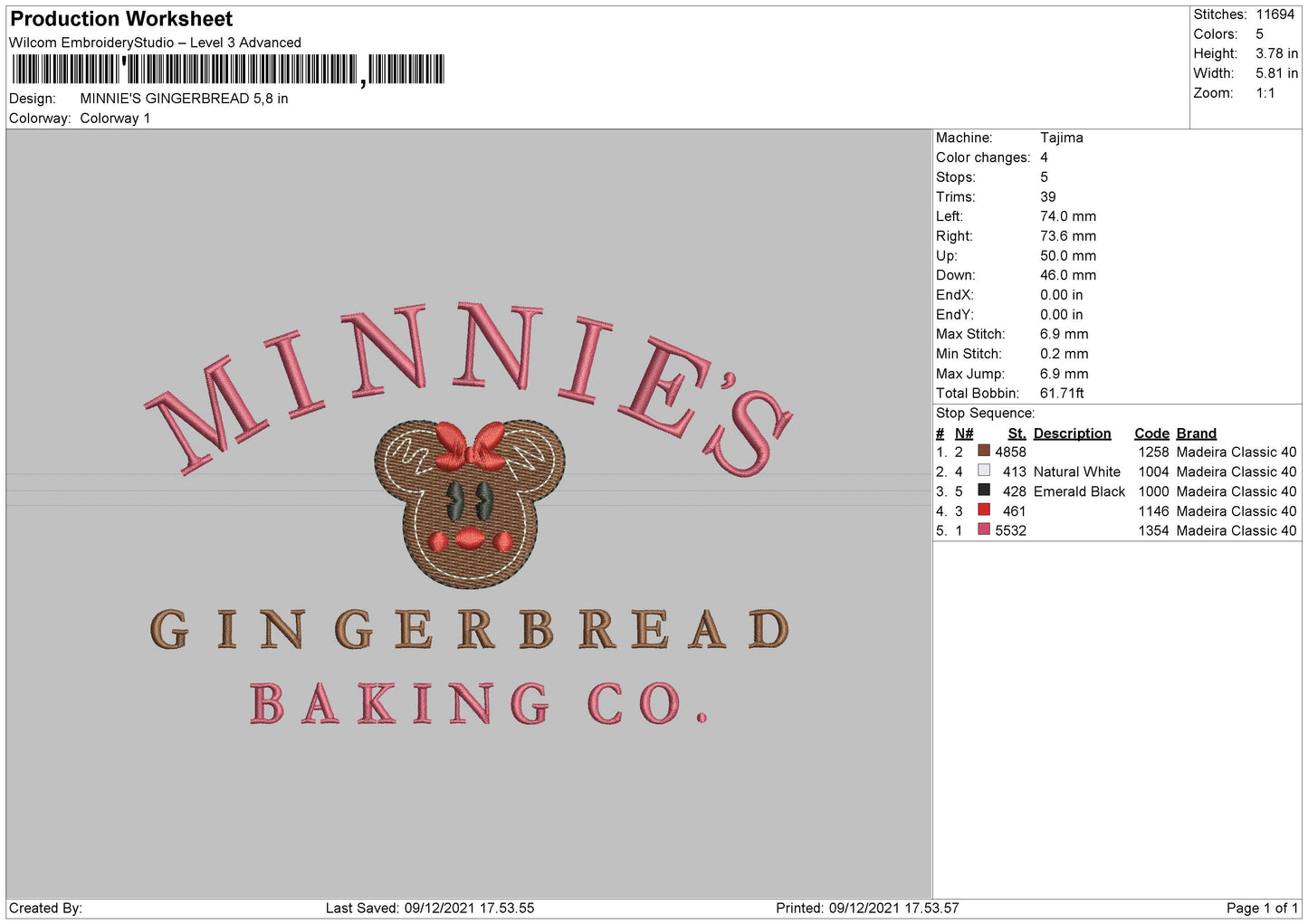 Minnie's Gingerbread Embroidery File 4 size