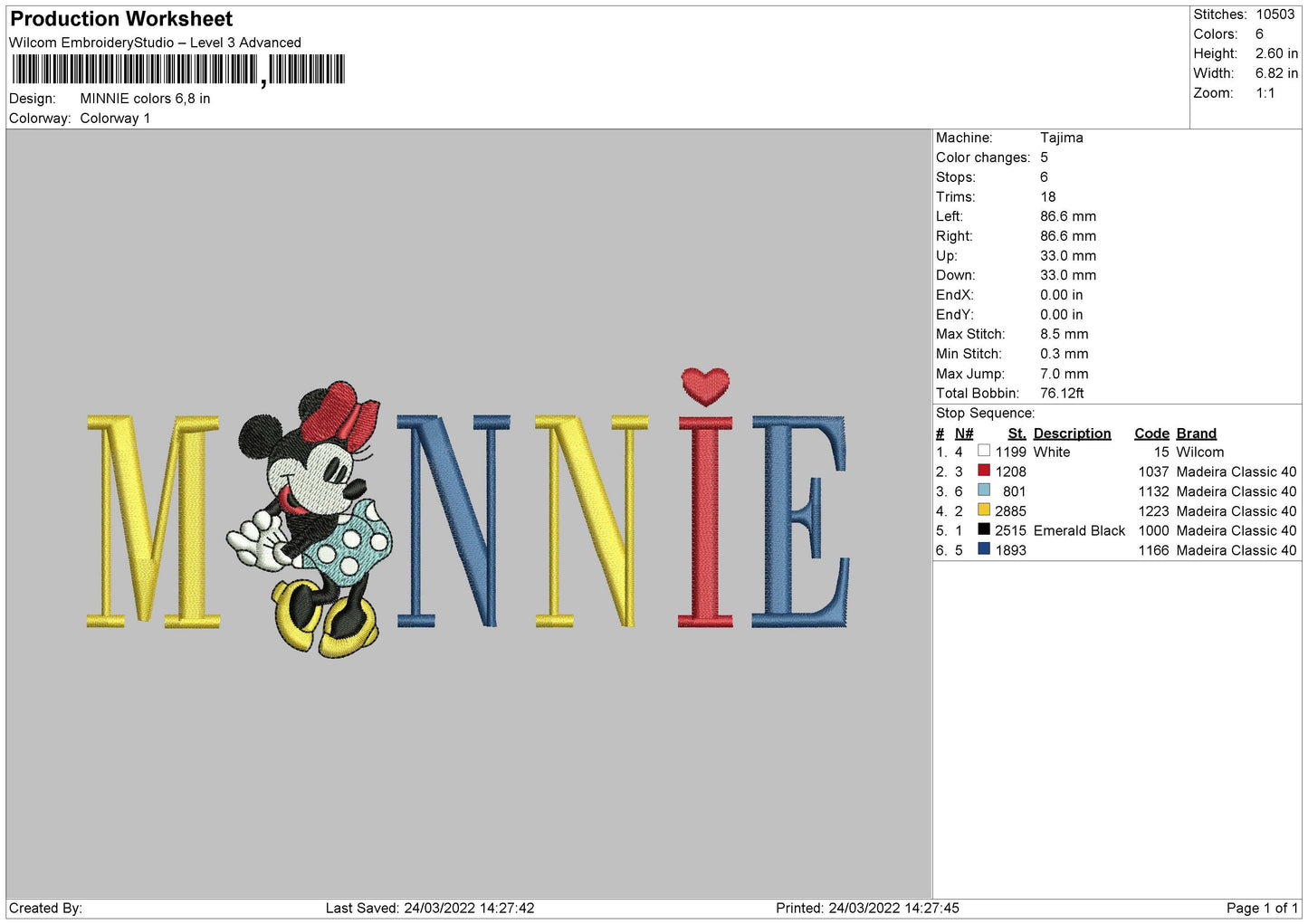 Minnie Colors Embroidery File 4 size
