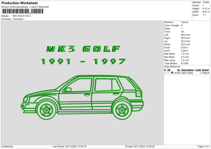 MK3 Golf Embroidery File 6 sizes