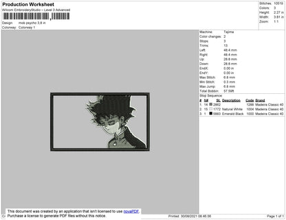Mob Psycho Embroidery File 4 size