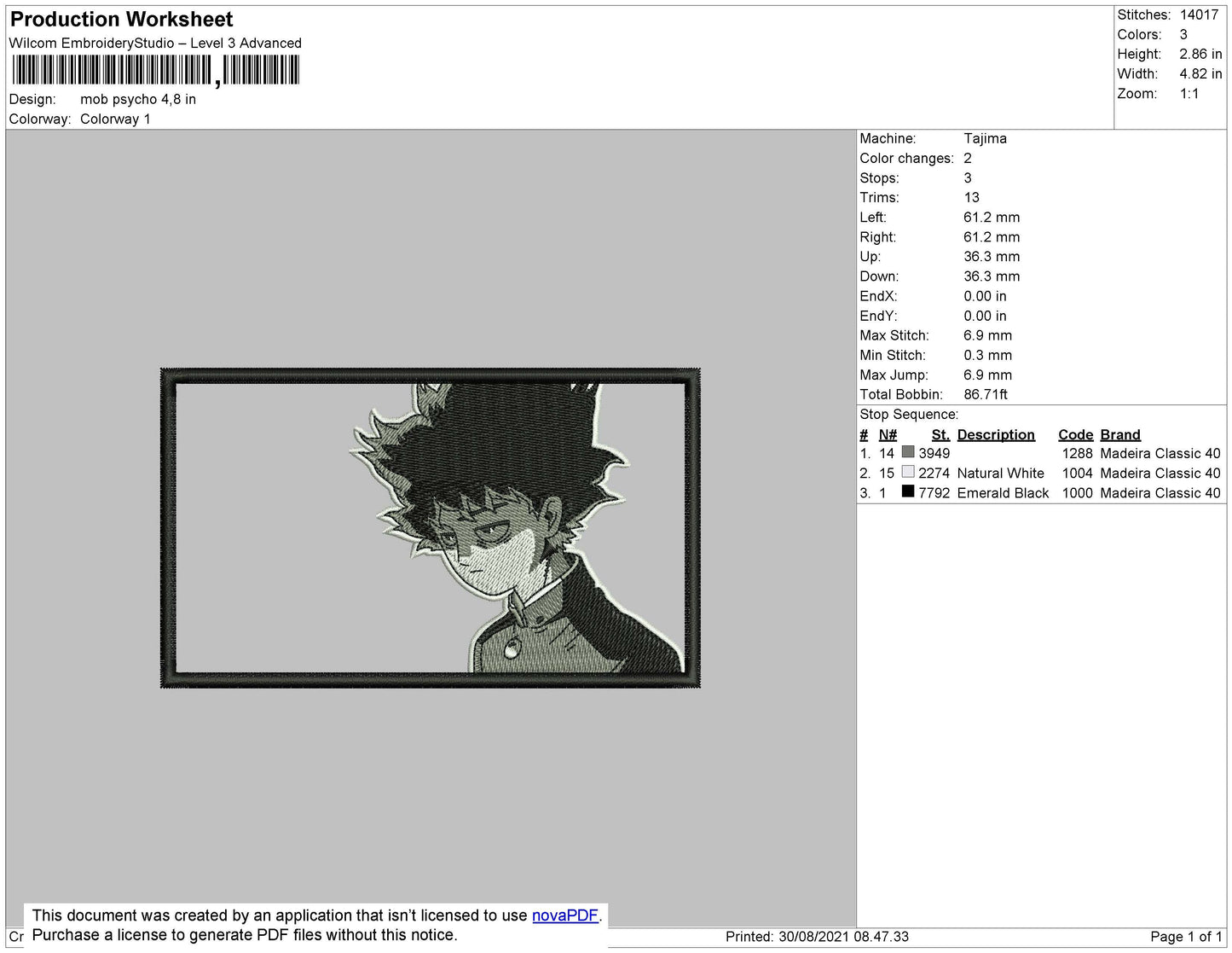 Mob Psycho Embroidery File 4 size