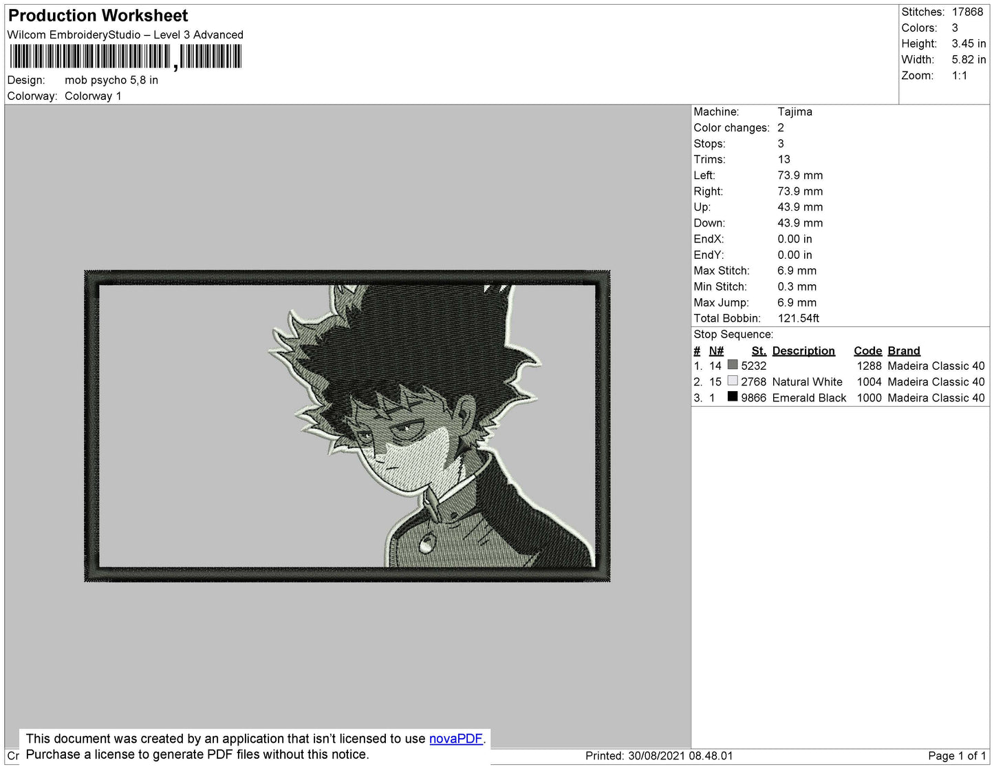 Mob Psycho Embroidery File 4 size