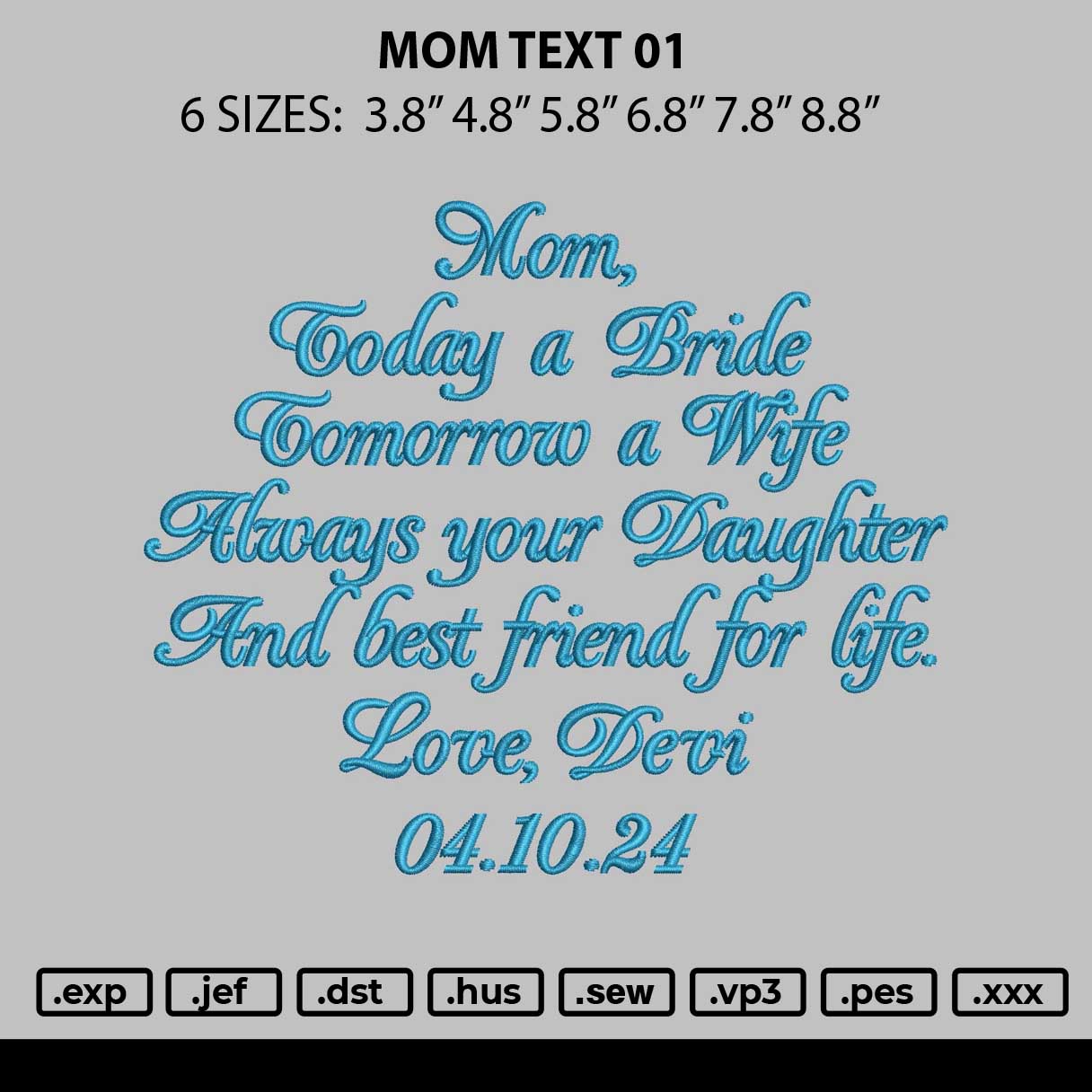 Mom Text 01 Embroidery File 6 sizes
