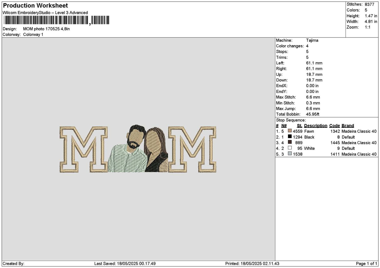 Mom Photo 1705 Embroidery File 6 sizes