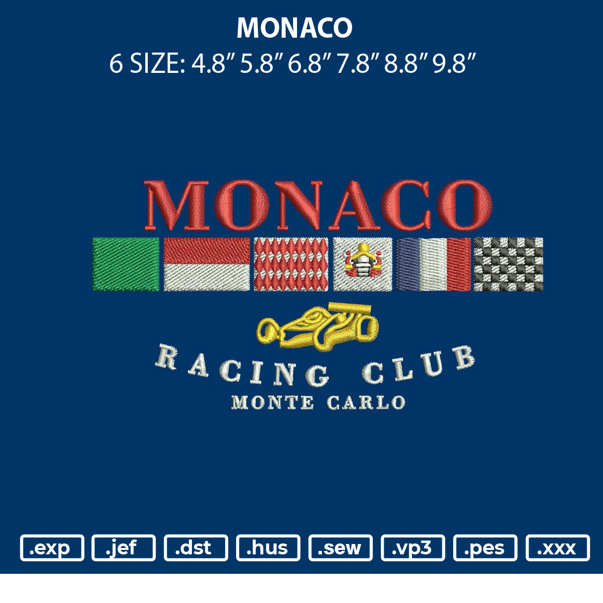 Monaco Embroidery File 6 sizes