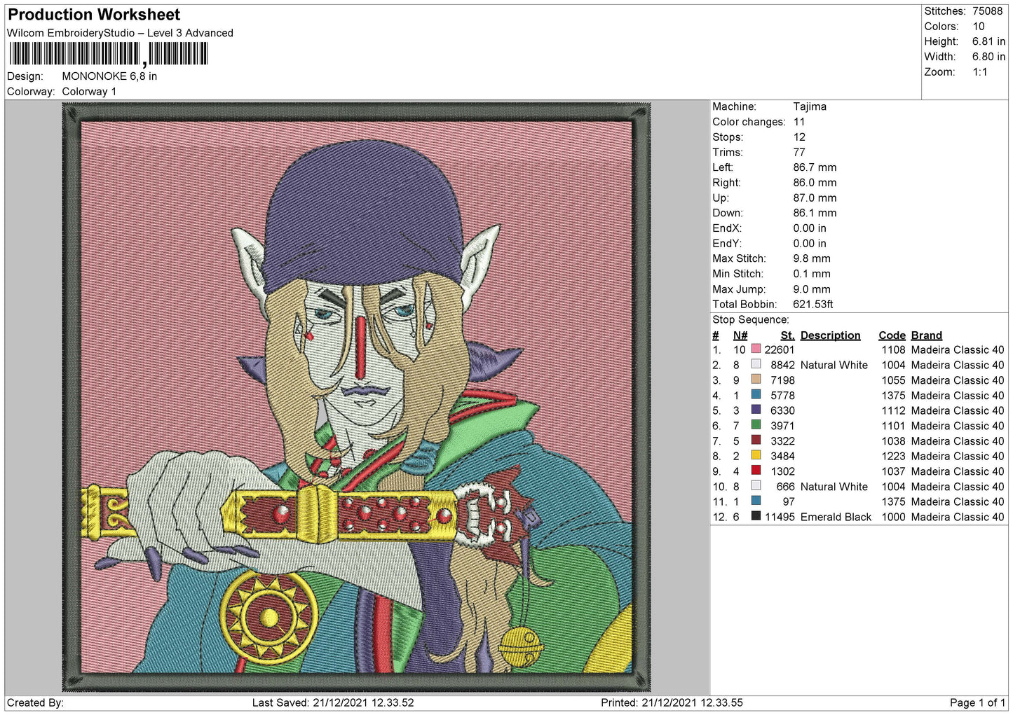 Mononoke Embroidery File 4 size