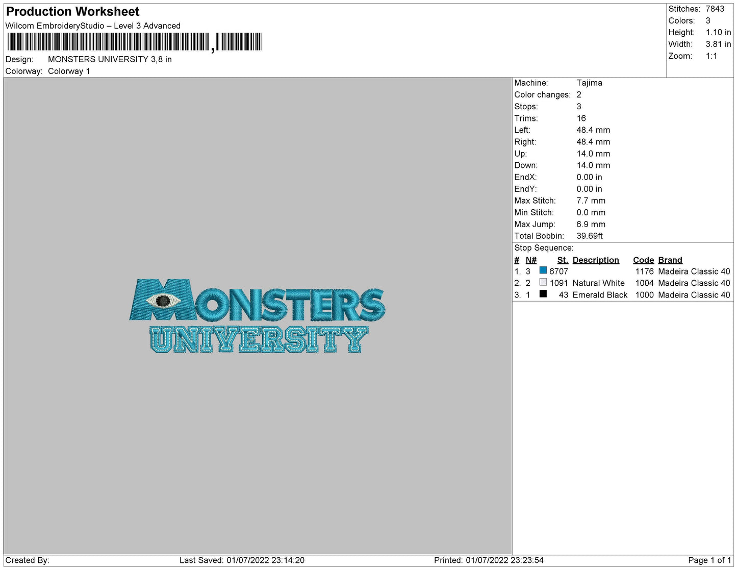 Monster Univeristy Embroidery File 4 sizes
