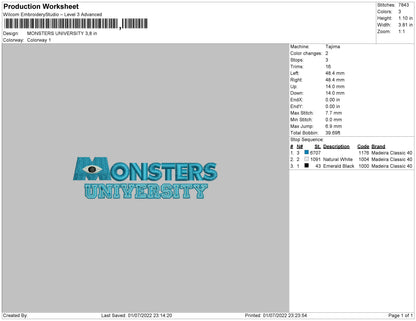 Monster Univeristy Embroidery File 4 sizes