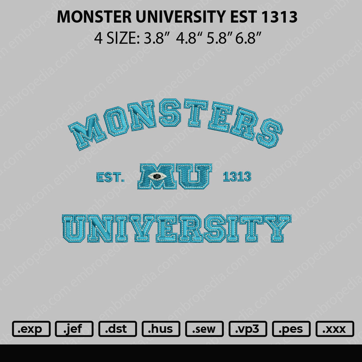 Monster University Est 1313 Embroidery File 4 sizes
