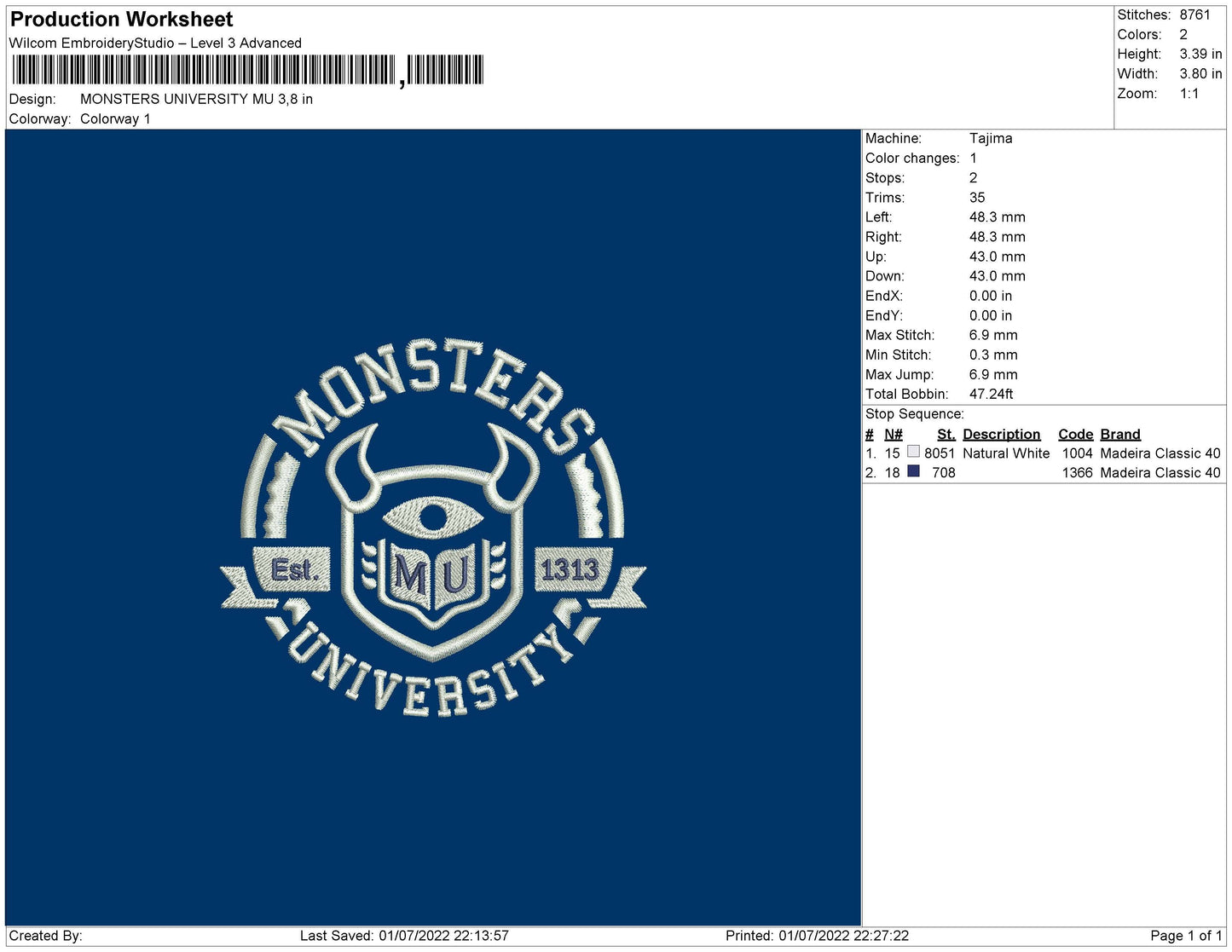 Monster University MU Embroidery File 4 sizes