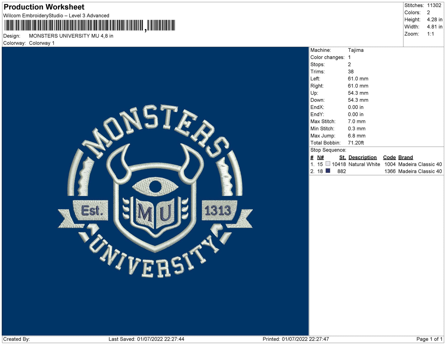 Monster University MU Embroidery File 4 sizes